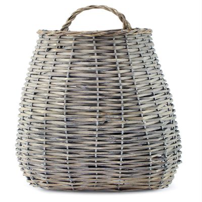 AuldHome Design Wall Hanging Pocket Basket; Woven Wicker Rustic Farmhouse Gray Washed Long Basket; 17 x 9 x 5 Inches