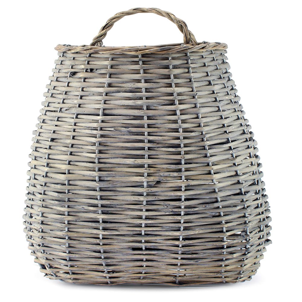 AuldHome Design Wall Hanging Pocket Basket; Woven Wicker Rustic Farmhouse Gray Washed Long Basket; 17 x 9 x 5 Inches
