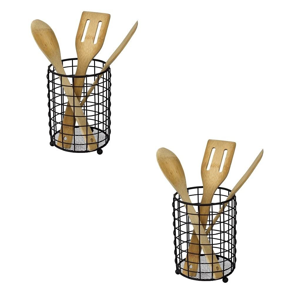 Home Basics Grid Free-Standing Utensil Holder with Mesh Bottom, Black (2)