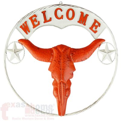 23" Longhorn UT Welcome Sign Burnt Orange Distressed Rustic Metal Plaque Stars