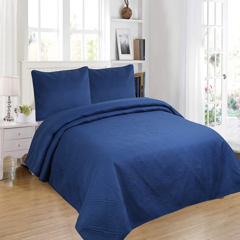 All American Collection 3pc Modern Contemporary Soft Comfy Bedroom Bedspread Quilt Set (Navy, Queen)