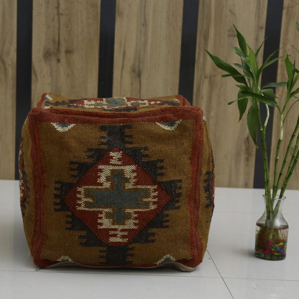 Trade Star 70% Jute 30% Wool Kilim Pouf Cover Seating Pouffe Cover Beautiful Indian Handmade Pouffe Foot Stool Case Ethnic Rustic Handwoven Ottoman Pouf Case for Dining Room (Pattern 3)