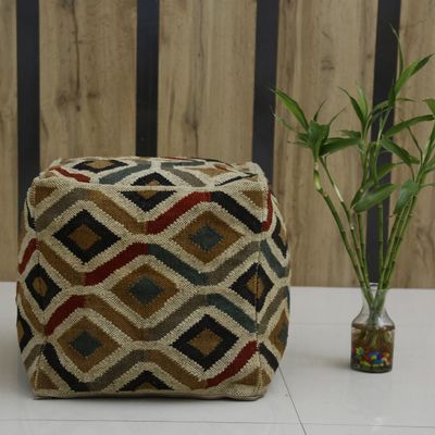 Trade Star 30% Wool 70% Jute Pouffe Cover Kilim Pouf Cover Handmade Cover Authentic Vintage Rustic Home Decor Seating Ottoman Footstool Floor Pouf case for Living Room (Pattern 6)