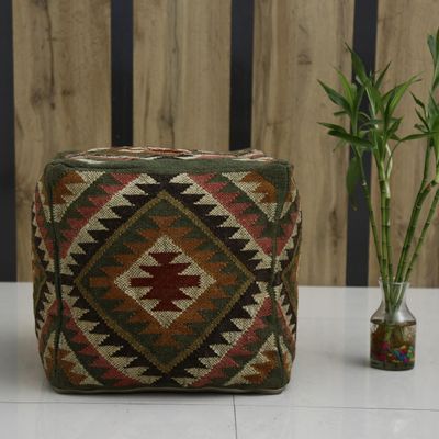 Trade Star 70% Jute 30% Wool Kilim Pouf Cover Ottoman Authentic Handmade Vintage Footstool Pouffe Cover Indian Designer Rustic Highly Durable Pouf Case Floor Case for Living Room (Pattern 5)