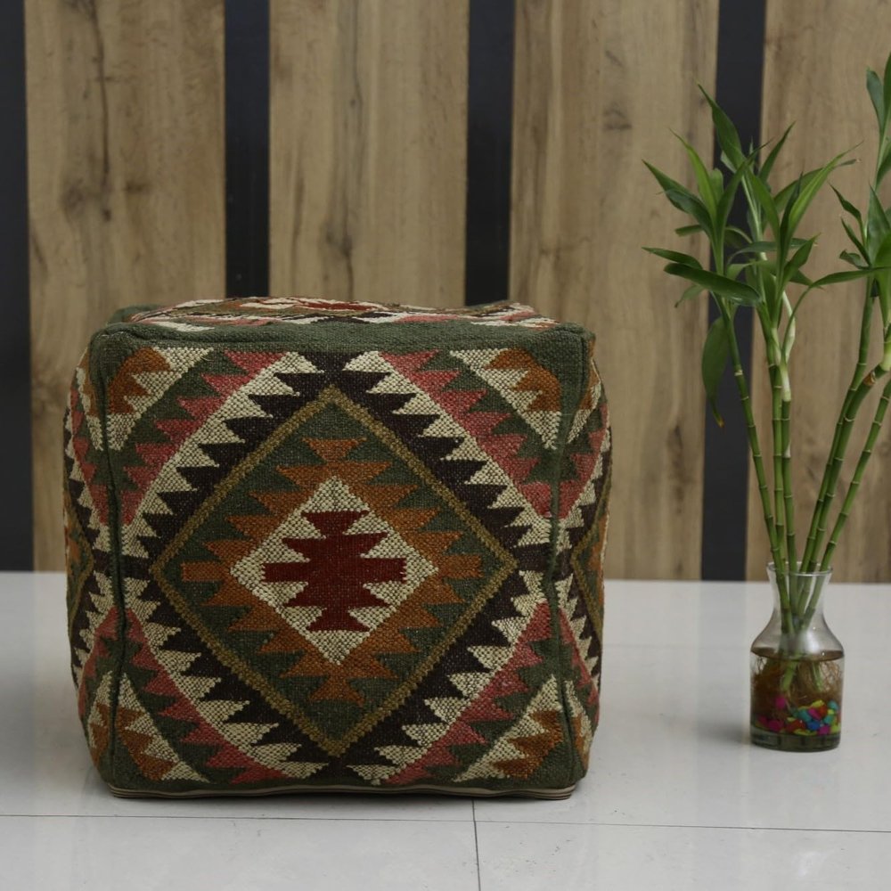 Trade Star 70% Jute 30% Wool Kilim Pouf Cover Ottoman Authentic Handmade Vintage Footstool Pouffe Cover Indian Designer Rustic Highly Durable Pouf Case Floor Case for Living Room (Pattern 5)