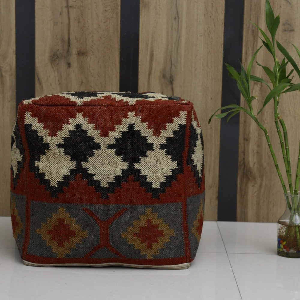 Trade Star 70% Jute 30% Wool Kilim Pouf Case Jute Wool Ethnic Pouffe Cover Authentic Decorative Footstool Cover Rustic Floor Decor Seating Pouf for Dining Room (Pattern 7)