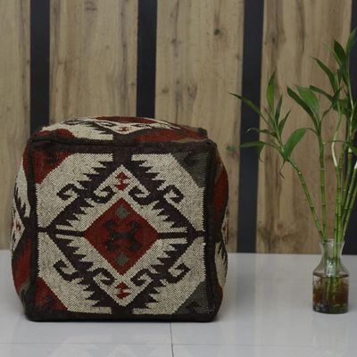 Trade Star 70% Jute 30% Wool Indian Handmade Kilim Pouf Cover Ottoman Pouffe Cover Home Decor Rustic Home Decor Seating Pouffe Cover Vintage Floor Pouf for Living Room (Pattern 6)
