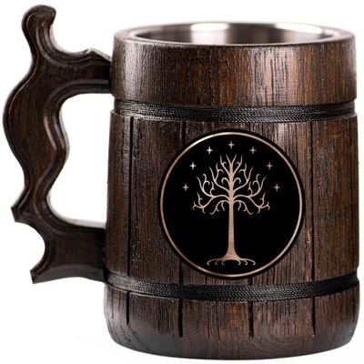 Tree of Gondor Beer Mug, Lord Rings Personalized Stein, Wooden Tankard
