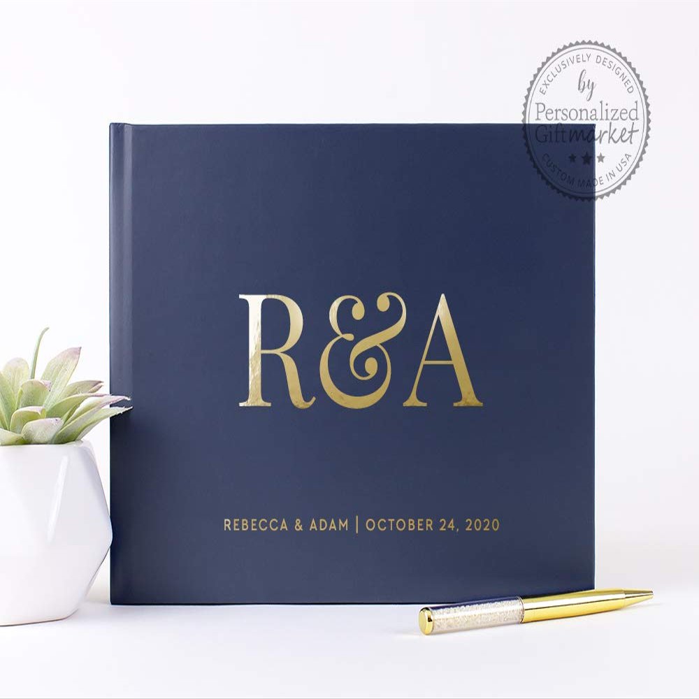 Personalized Navy Wedding Guest Book Custom with Names Monogram Photo Album Signature Sign-in Registry - Hardcover (10x8 inches)