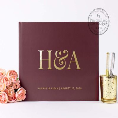 Burgundy and Gold Wedding Guest Book Personalized with Names Photo Album Monogram Signature Sign in Guestbook (12x12 inches)