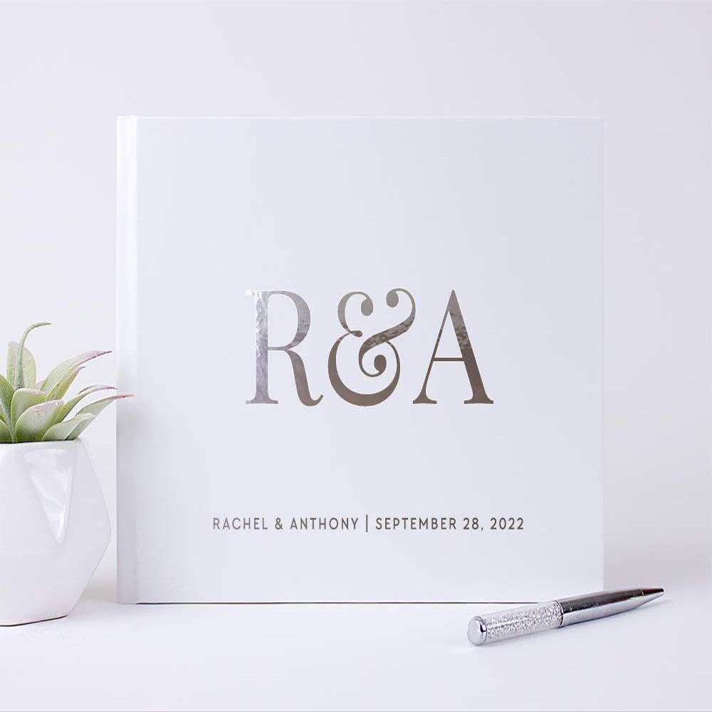 White Wedding Guest Book Personalized with Names Customized Monogram Photo Album Signature Sign-in Guestbook - Hardcover (10x8 inches)