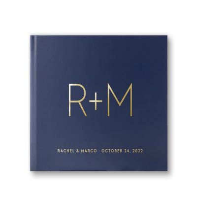 Personalized Wedding Guest Book Navy Gold Custom with Names Monogram Photo Album Signature Alternative Guestbook - Hardcover (12x12 inches)