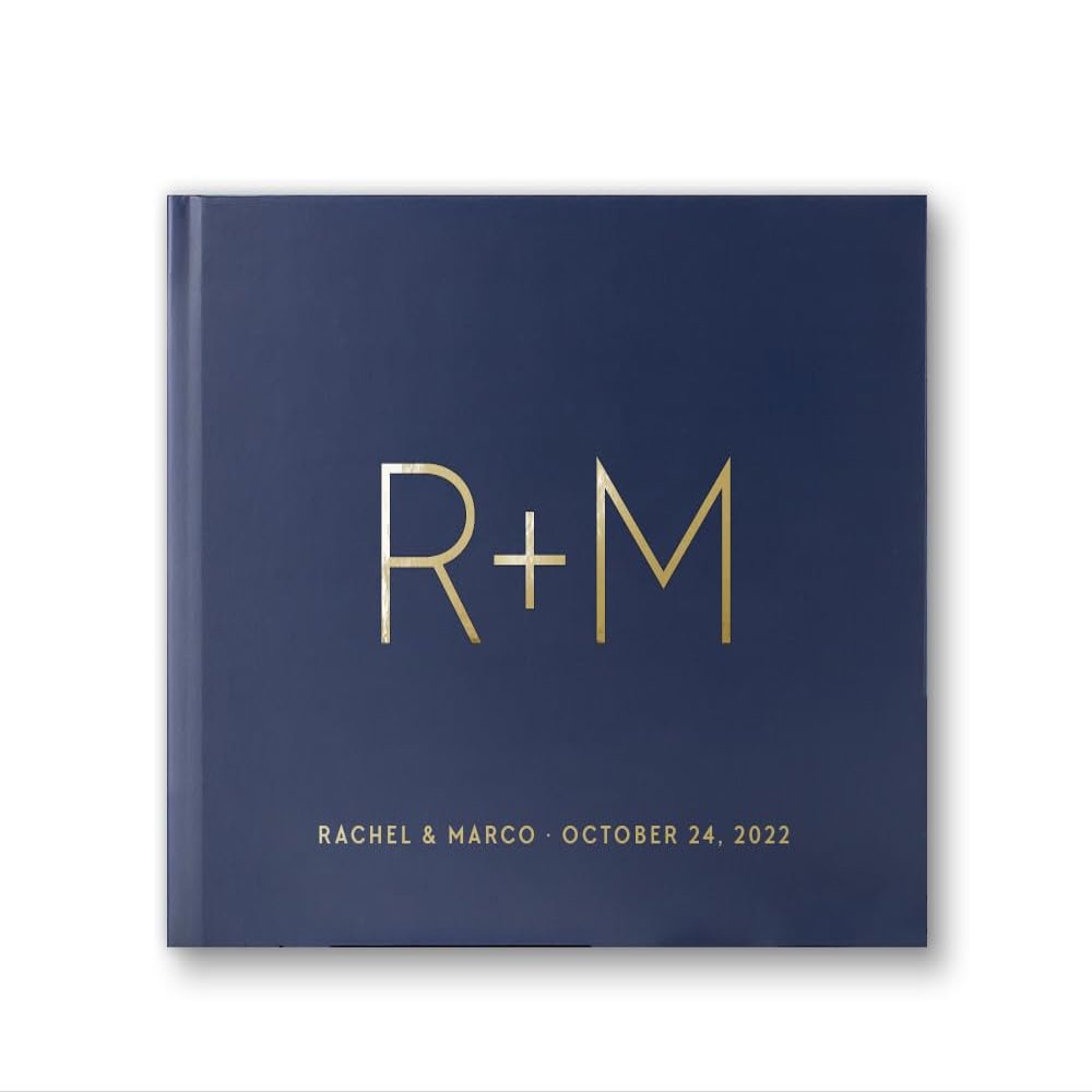 Personalized Wedding Guest Book Navy Gold Custom with Names Monogram Photo Album Signature Alternative Guestbook - Hardcover (12x12 inches)