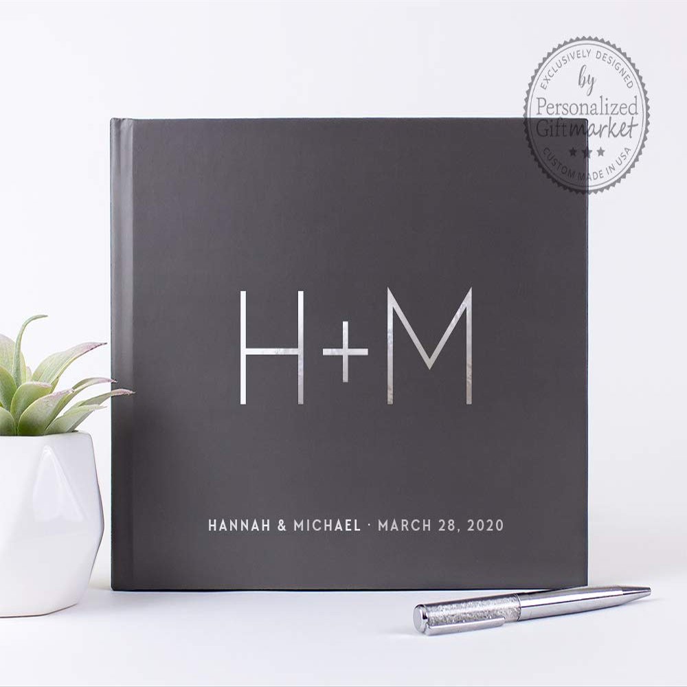 Personalized Wedding Guest Book Custom with Names Monogram Gray Photo Album Signature Sign-in Registry - Hardcover (12x12 inches)