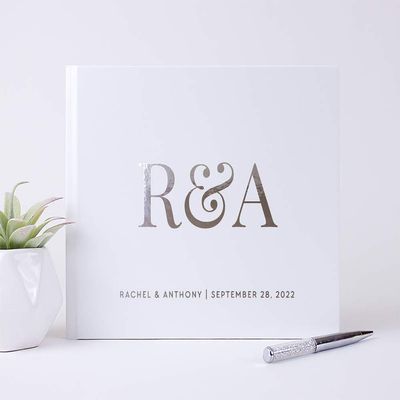 White Wedding Guest Book Personalized with Names Customized Monogram Photo Album Signature Sign-in Guestbook - Hardcover (9x6 inches)