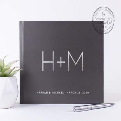 Personalized Wedding Guest Book Custom with Names Monogram Gray Photo Album Signature Sign-in Registry - Hardcover (10x8 inches)