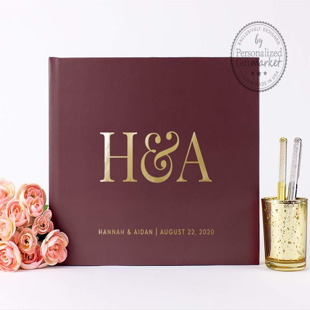 Burgundy and Gold Wedding Guest Book Personalized with Names Photo Album Monogram Signature Sign in Guestbook (9x6 inches)