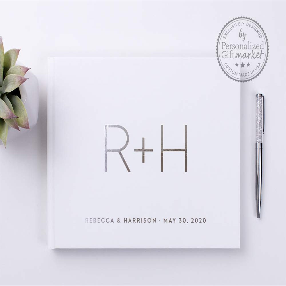 White Wedding Guest Book Personalized with Names Customized Monogram Photo Album Alternative Guestbook - Hardcover (12x12 inches)