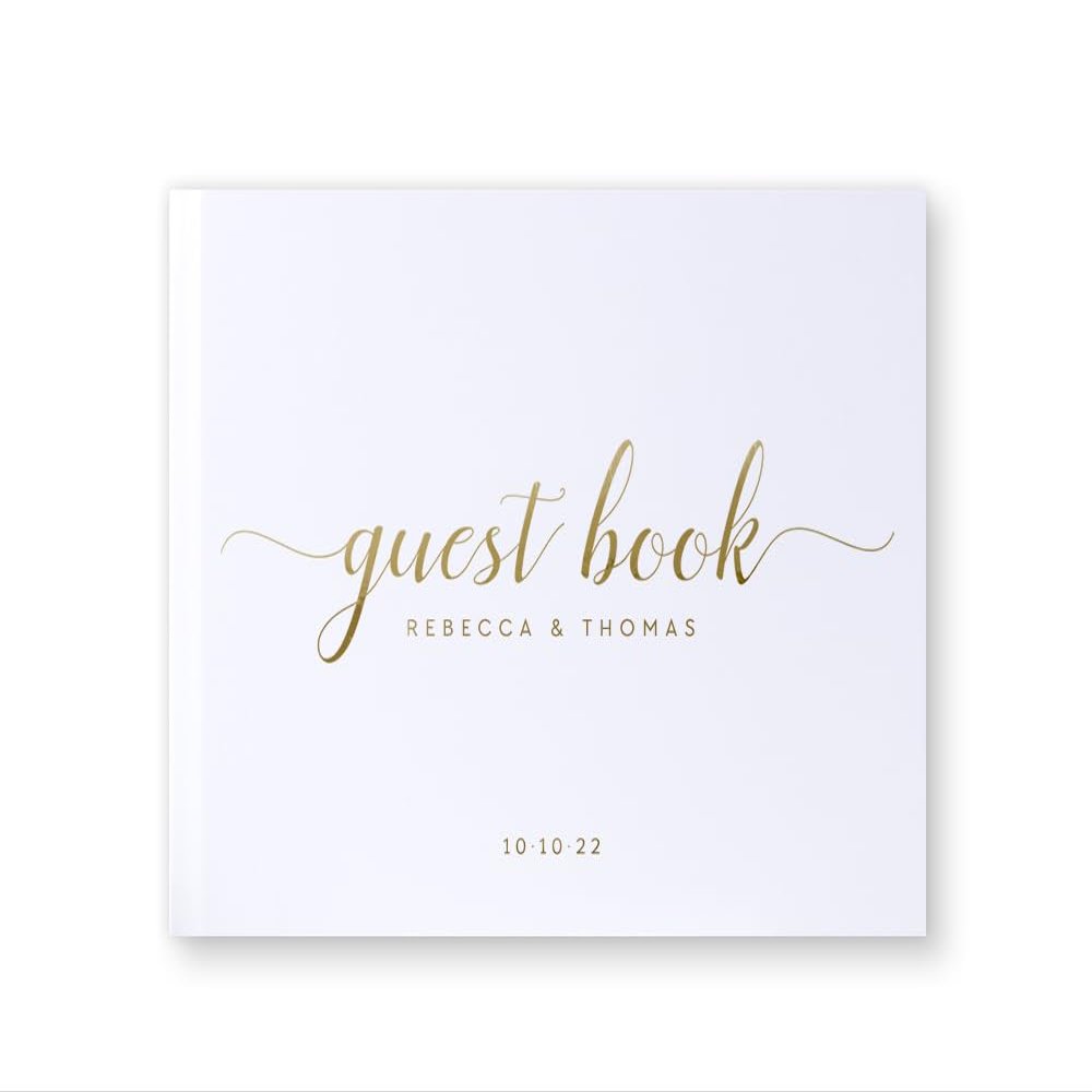 Personalized Wedding Guest Book Alternative Custom Guest Book Photo Album for Couple, White with Gold Foil - Hardcover (12x12 inches)