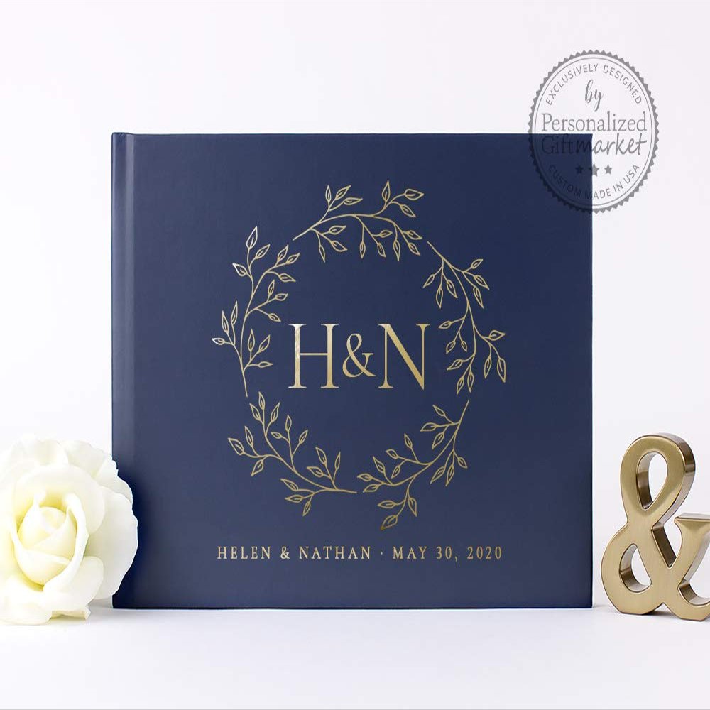 Customized Navy Wedding Guest Book with Gold Foil, Personalized Polaroid Photo Album Alternative Guestbook - Hardcover (10x8 inches)