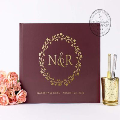 Custom Wedding Guest Book Gold Foil, Personalized Unique Polaroid Photo Album Alternative Guestbook Burgundy Gold Foil - Hardcover (12x12 inches)