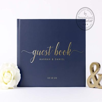 Personalized Wedding Guestbook Navy Gold Foil Custom Handmade Guest Book Photo Album Sign in - Hardcover (10x8 inches)