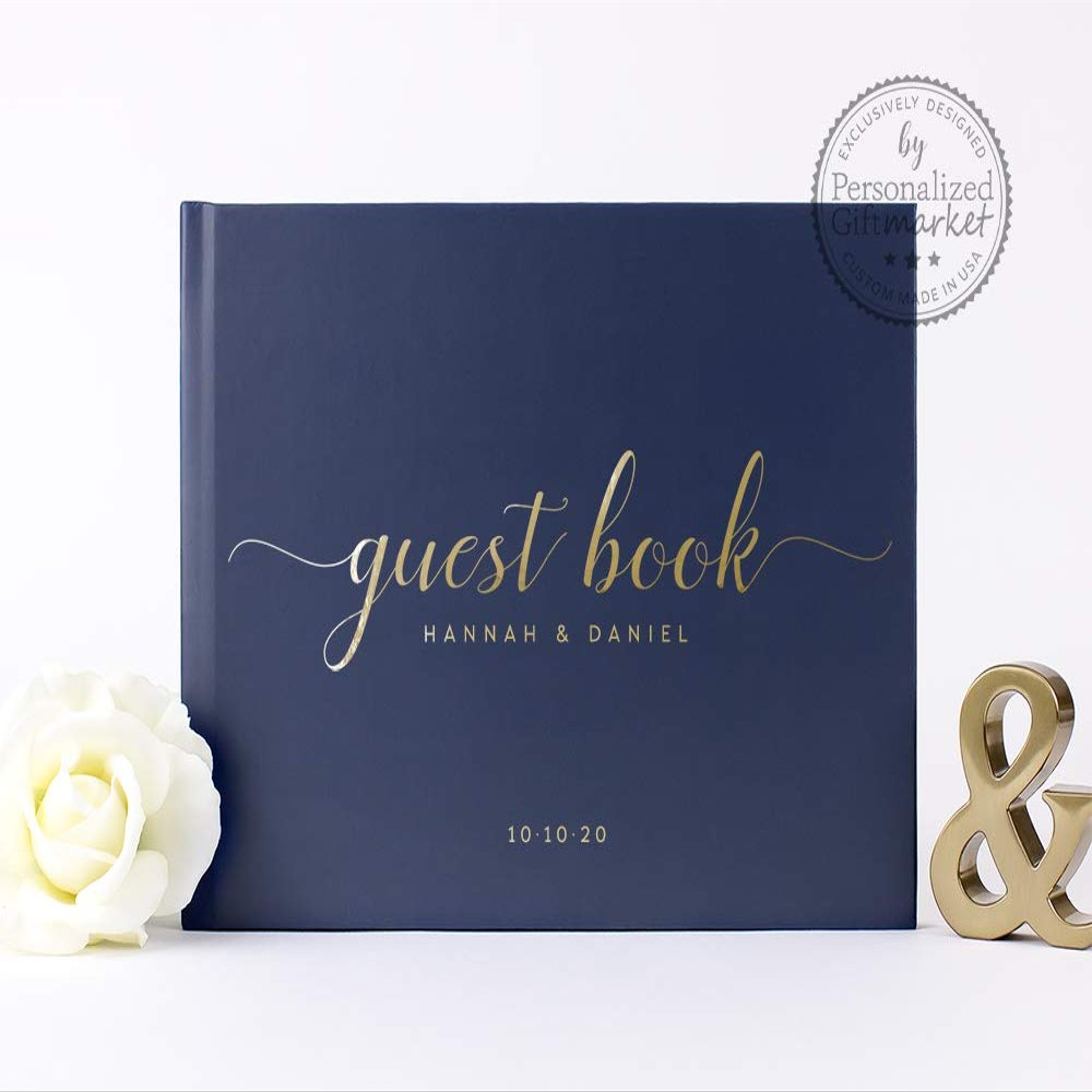 Personalized Wedding Guestbook Navy Gold Foil Custom Handmade Guest Book Photo Album Sign in - Hardcover (10x8 inches)