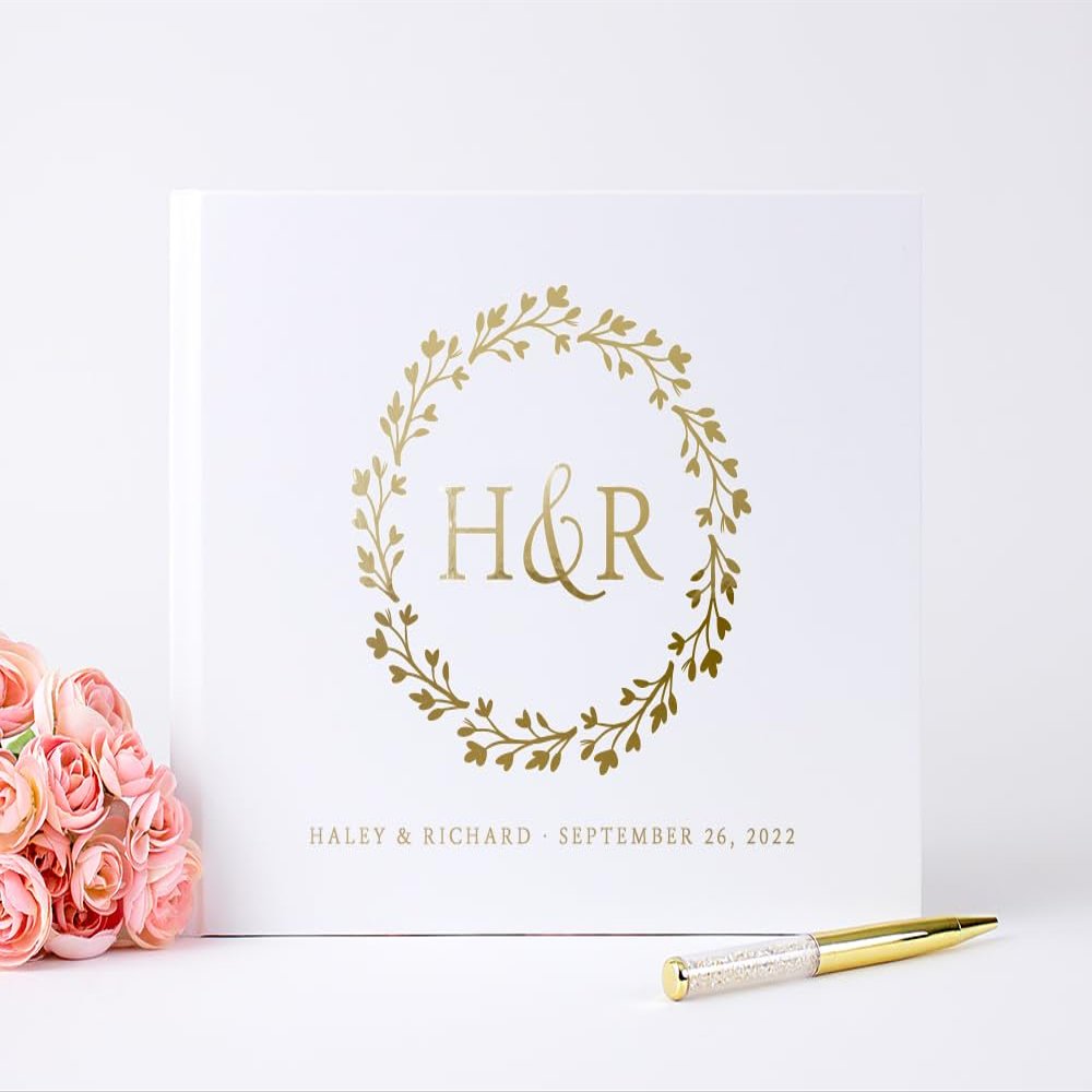 Custom White Wedding Guest Book Gold Foil, Personalized Unique Polaroid Photo Album Alternative Guestbook - Hardcover (10x8 inches)