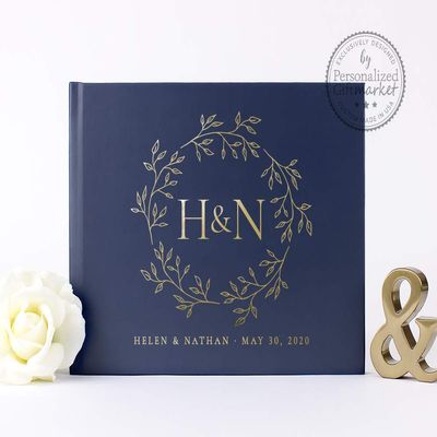 Customized Navy Wedding Guest Book with Gold Foil, Personalized Polaroid Photo Album Alternative Guestbook - Hardcover (9x6 inches)