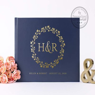 Personalized Navy Wedding Guest Book Gold Foil, Custom Unique Polaroid Photo Album Alternative Guestbook - Hardcover (12x12 inches)