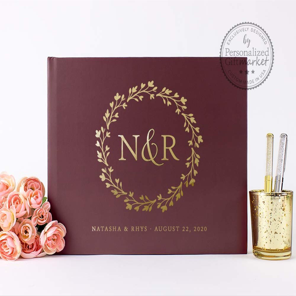 Custom Wedding Guest Book Gold Foil, Personalized Unique Polaroid Photo Album Alternative Guestbook Burgundy Gold Foil - Hardcover (10x8 inches)