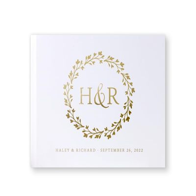 Custom White Wedding Guest Book Gold Foil, Personalized Unique Polaroid Photo Album Alternative Guestbook - Hardcover (12x12 inches)