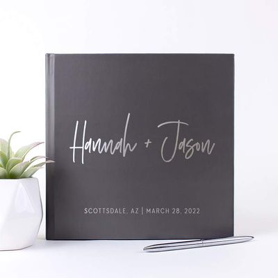 Personalized Wedding Guest Book with Names Photo Album, Alternative Guestbook Custom Hand Written Photo Book Unique Gray Silver Foil - Hardcover (12x12 inches)