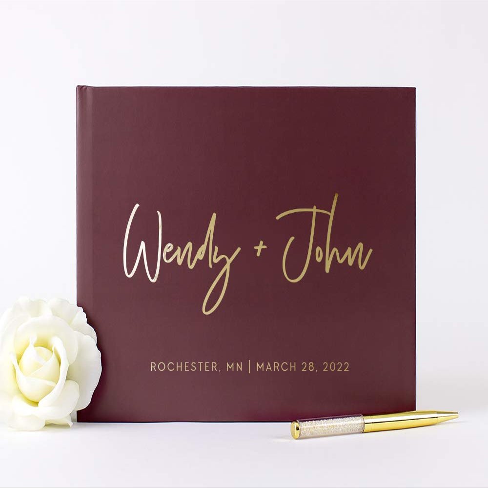 Wedding Guest Book Personalized with Names Photo Album, Custom Alternative Guestbook Photo Book Unique Burgundy Wine Gold Foil - Hardcover (12x12 inches)