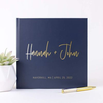 Personalized Wedding Guest Book with Names Photo Album, Custom Hand Written Photo Book Unique Navy Gold Foil - Hardcover (12x12 inches)