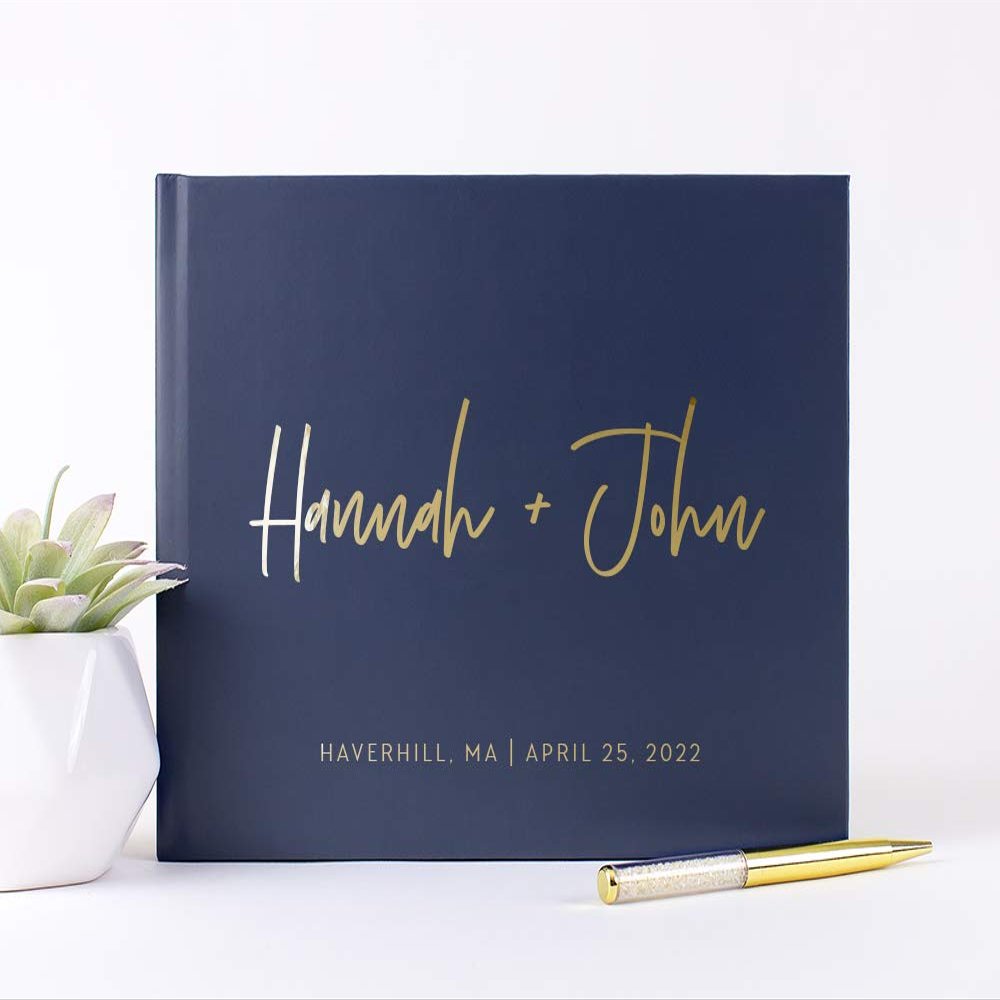Personalized Wedding Guest Book with Names Photo Album, Custom Hand Written Photo Book Unique Navy Gold Foil - Hardcover (12x12 inches)