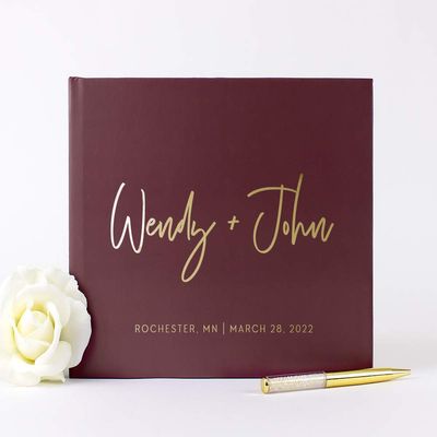 Wedding Guest Book Personalized with Names Photo Album, Custom Alternative Guestbook Photo Book Unique Burgundy Wine Gold Foil - Hardcover (10x8 inches)