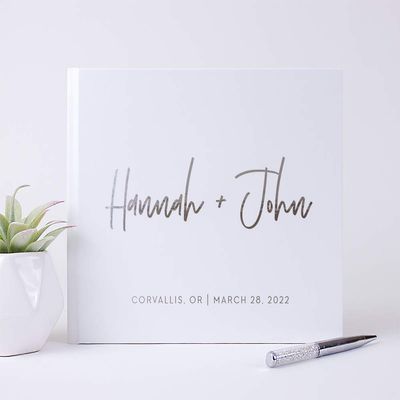 Wedding Guest Book Personalized with Names Photo Album, Custom Hand Written Photo Book Unique White Silver Gold Foil - Hardcover (10x8 inches)