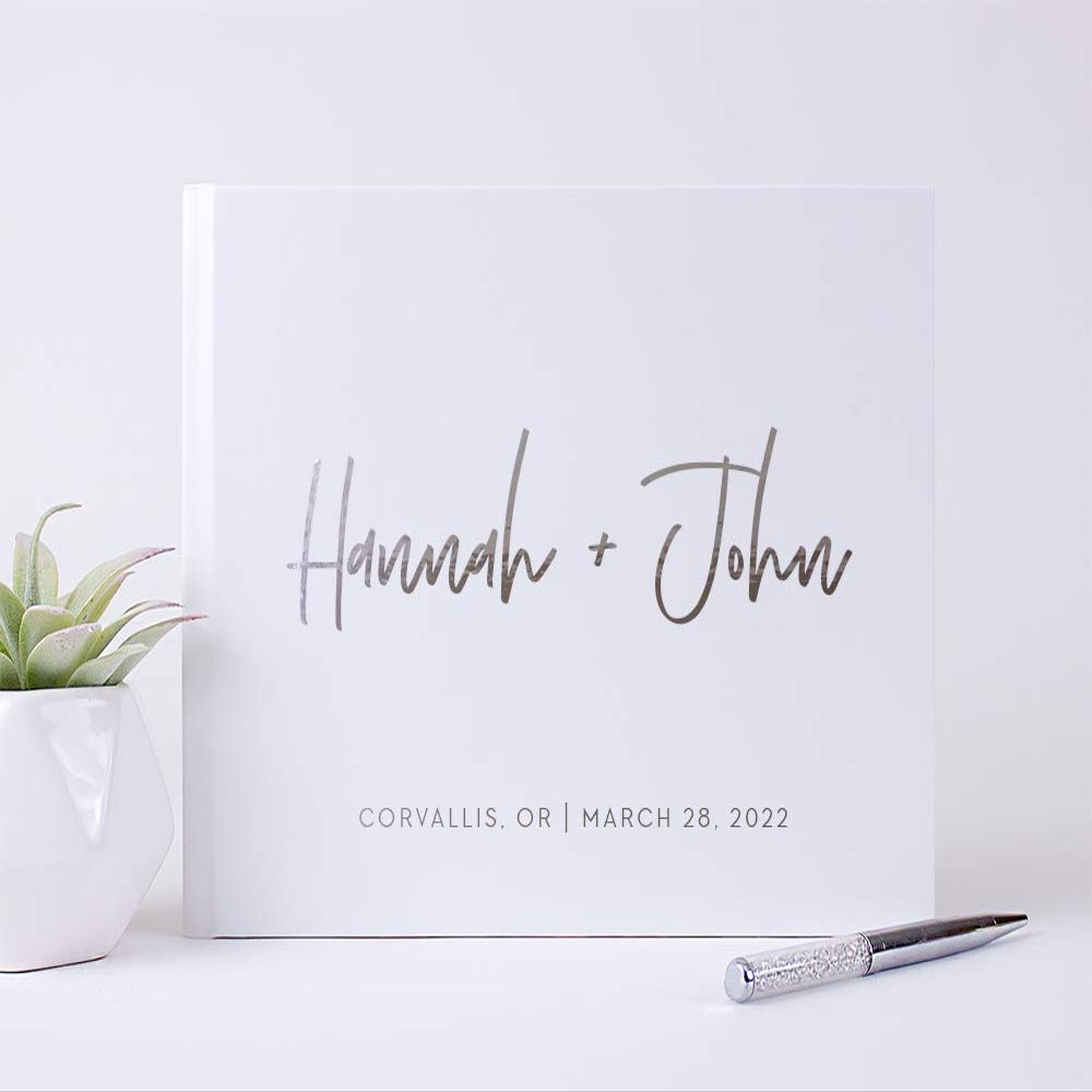 Wedding Guest Book Personalized with Names Photo Album, Custom Hand Written Photo Book Unique White Silver Gold Foil - Hardcover (10x8 inches)