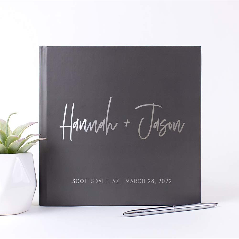 Personalized Wedding Guest Book with Names Photo Album, Alternative Guestbook Custom Hand Written Photo Book Unique Gray Silver Foil - Hardcover (10x8 inches)