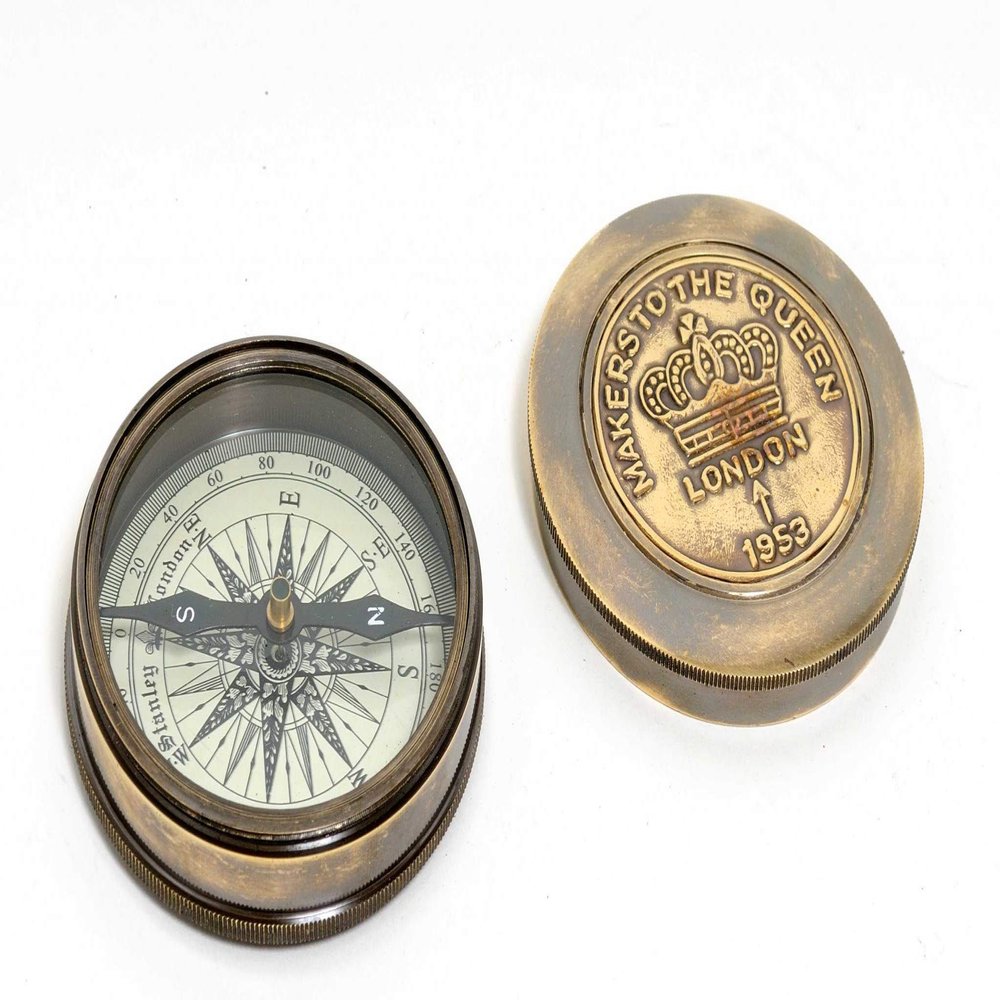 HomeRoots Multiple Colors Wood Brass Makers to The Queen Compass with Leather Case