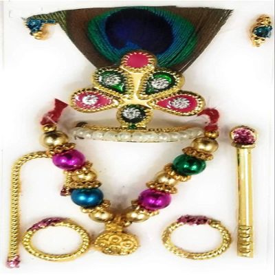 jaisakshi Laddu Gopal Ji Mukut Mala Shringar Combo Set with Bansuri, Kundal, Karula and Chhari for Krishna Idol (6 Items)