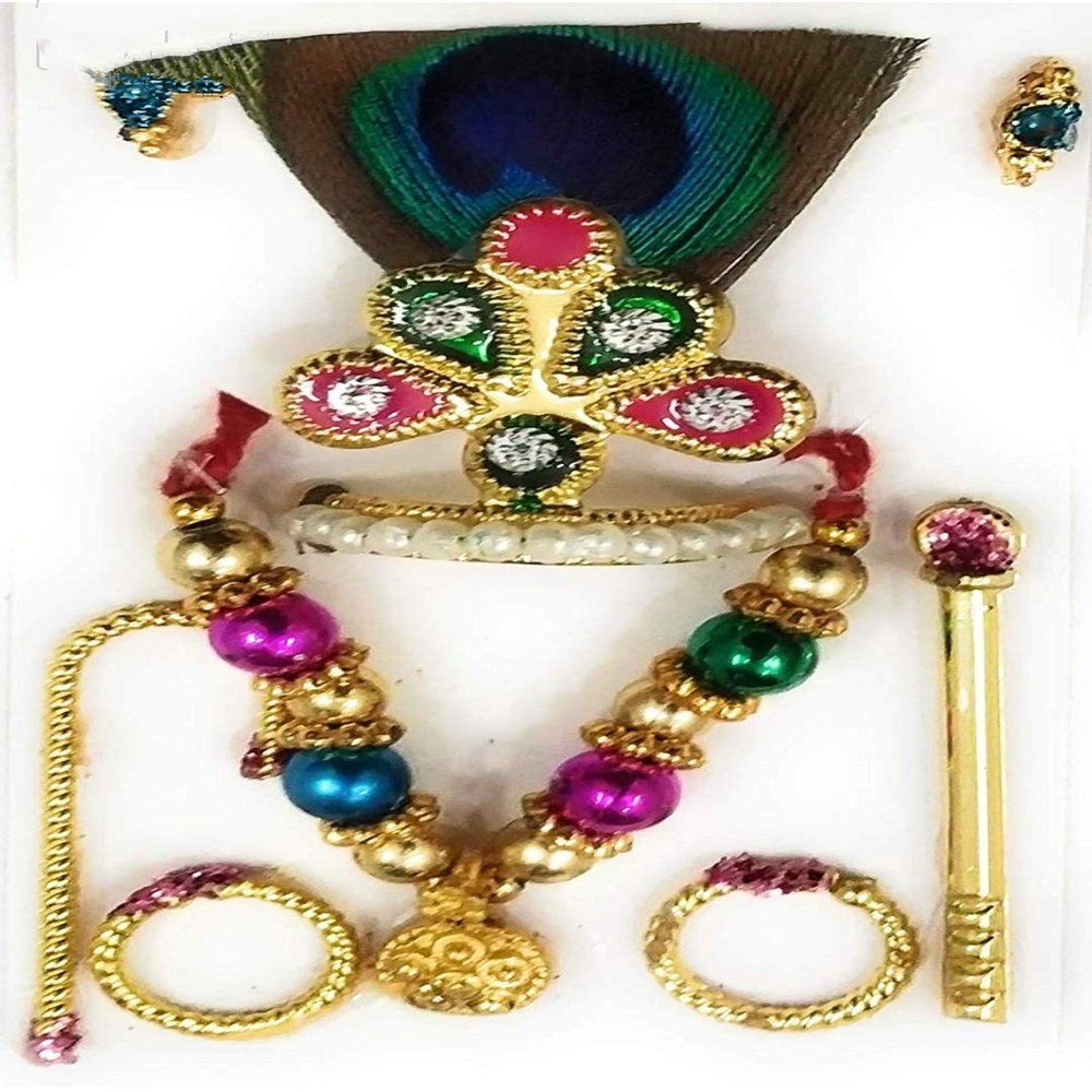 jaisakshi Laddu Gopal Ji Mukut Mala Shringar Combo Set with Bansuri, Kundal, Karula and Chhari for Krishna Idol (6 Items)