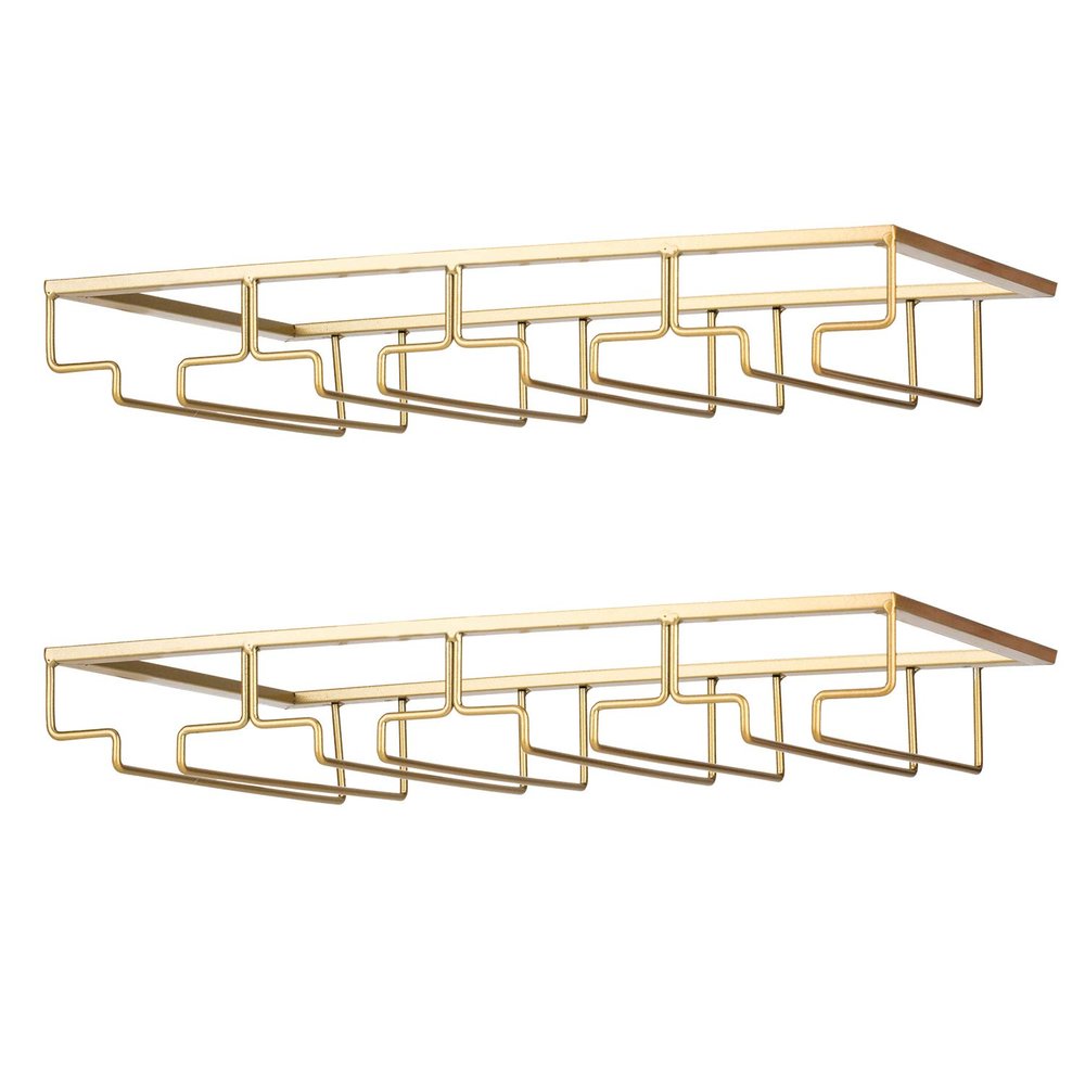 FOMANSH Wine Glass Rack - Under Cabinet Stemware Wine Glass Holder Glasses Storage Hanger 2 Pack Metal Organizer for Bar Kitchen 4 Rows Gold