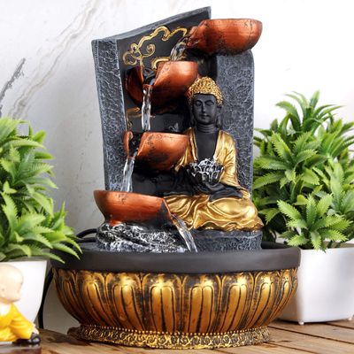 Global Grabbers Polyresin Table Top Indoor Outdoor Water Fall Fountain with LED Lights Home Decor Decoration Gift Gifting Items-GOL_GRY-SG15-(1)