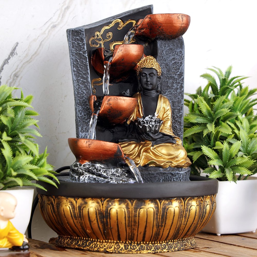 Global Grabbers Polyresin Table Top Indoor Outdoor Water Fall Fountain with LED Lights Home Decor Decoration Gift Gifting Items-GOL_GRY-SG15-(1)