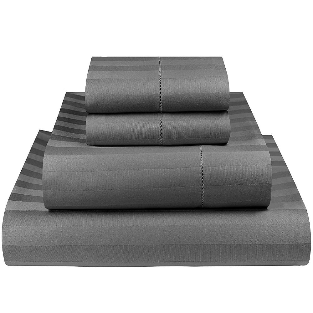 Comfort Bed Store 800 Series Organic Cotton Elegant Damask Dobby Stripped 16 inches 4 PC Sheet Set (1 Flat Sheet, 1 Fitted Sheet, 2 Pillowcases) Soft & Easy Care, Sage Green, Grand King