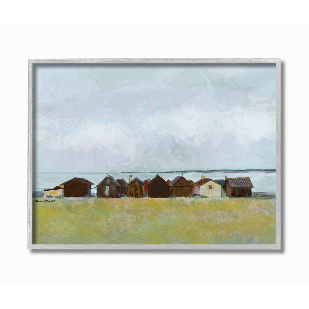 Stupell Industries Lakeside Town Landscape Drawing, Design by Karen Dreyfus Wall Art, 16 x 20, Grey Framed