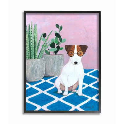 Stupell Industries Dog with Plants Pink Blue Pet Painting, Design by Sally B Wall Art, 24 x 30, Black Framed