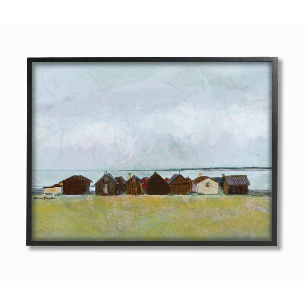 Stupell Industries Lakeside Town Landscape Drawing, Design by Karen Dreyfus Wall Art, 16 x 20, Black Framed